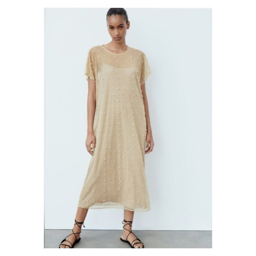 NWT ZARA Mesh Pearl Beaded Midi‎ Dress XS/S Tan